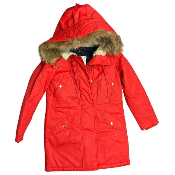 J Crew Coat  XSP Red Chateau Puffer Primaloft Water Resistant BM538‎ Fur Hood - Picture 1 of 12